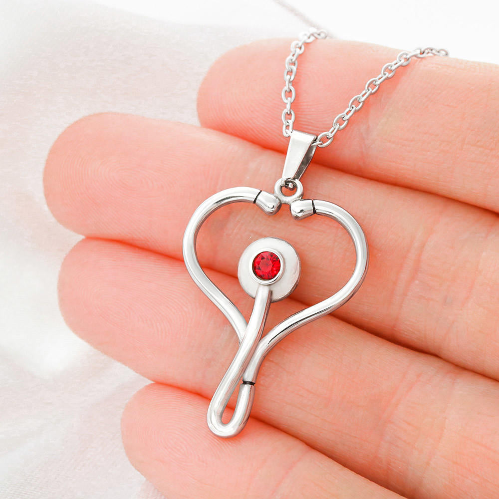 Nurse Necklace - Stethoscope Charm with Red Swarovski crystal