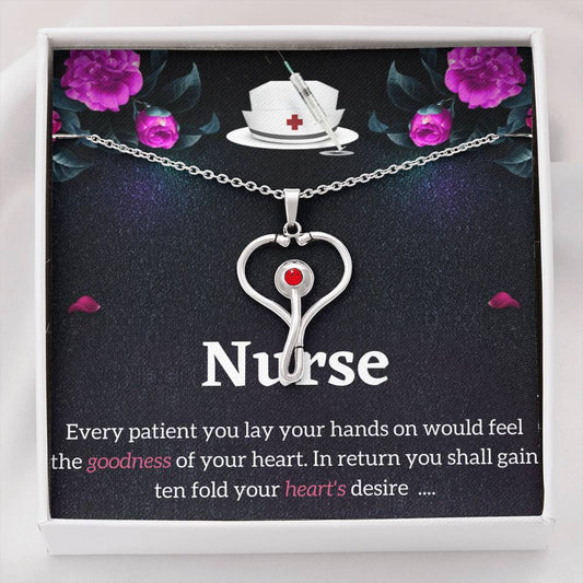 Nurse Necklace - Stethoscope Charm with Red Swarovski crystal