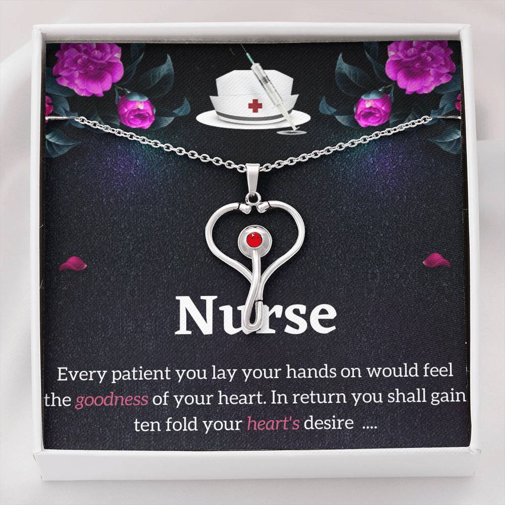 Nurse Necklace - Stethoscope Charm with Red Swarovski crystal