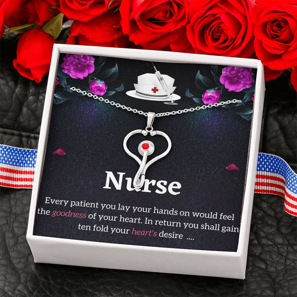 Nurse Necklace - Stethoscope Charm with Red Swarovski crystal