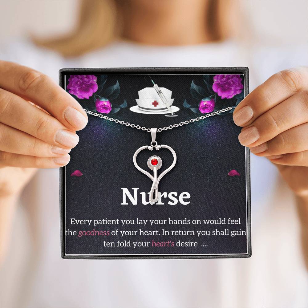 Nurse Necklace - Stethoscope Charm with Red Swarovski crystal