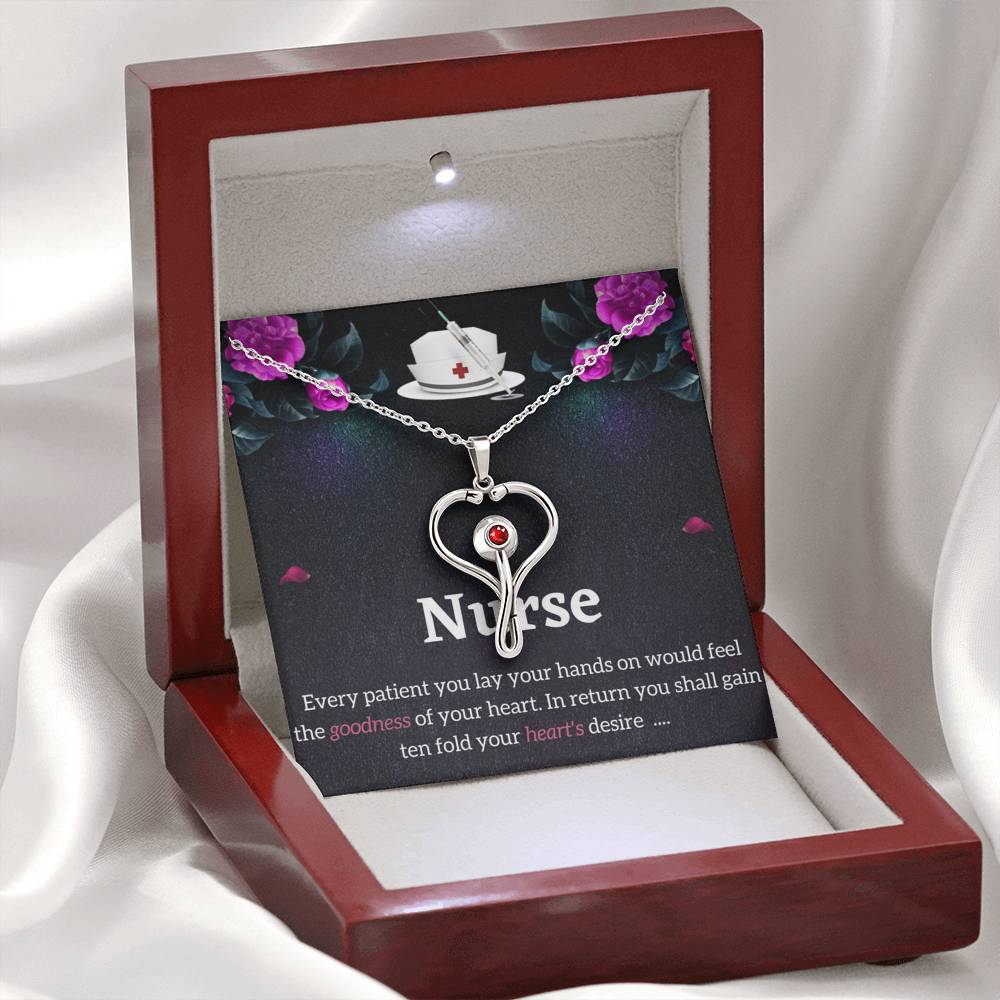 Nurse Necklace - Stethoscope Charm with Red Swarovski crystal