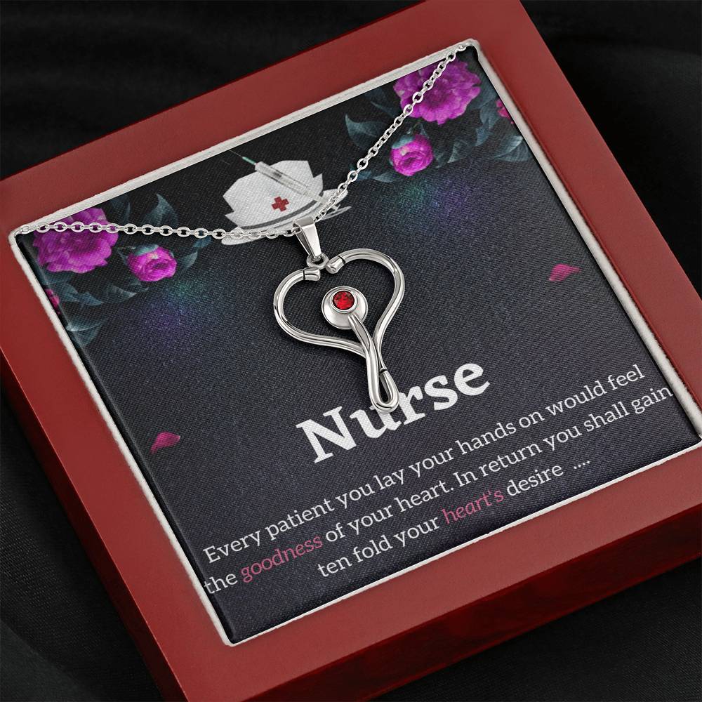 Nurse Necklace - Stethoscope Charm with Red Swarovski crystal